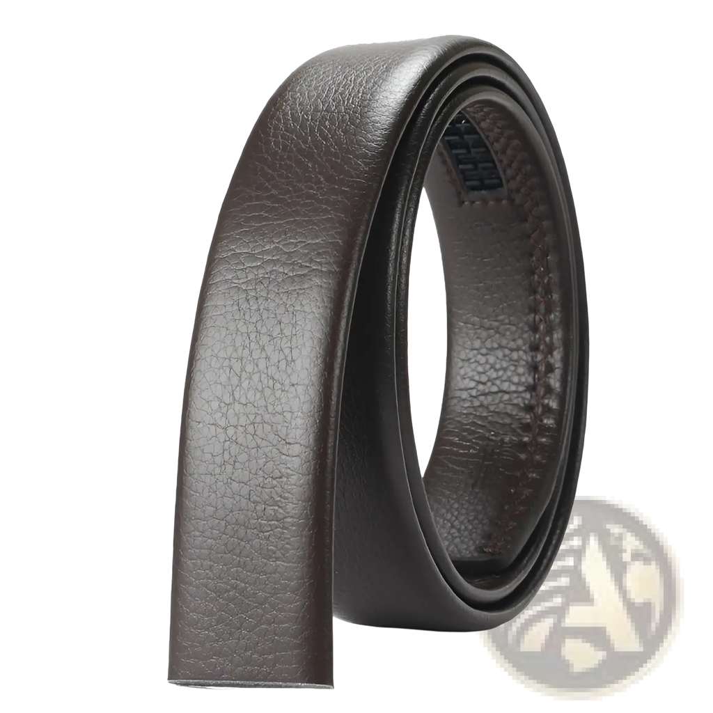 Men’s dark brown leather belt with textured surface and visible stitching featuring automatic buckle 3.5cm