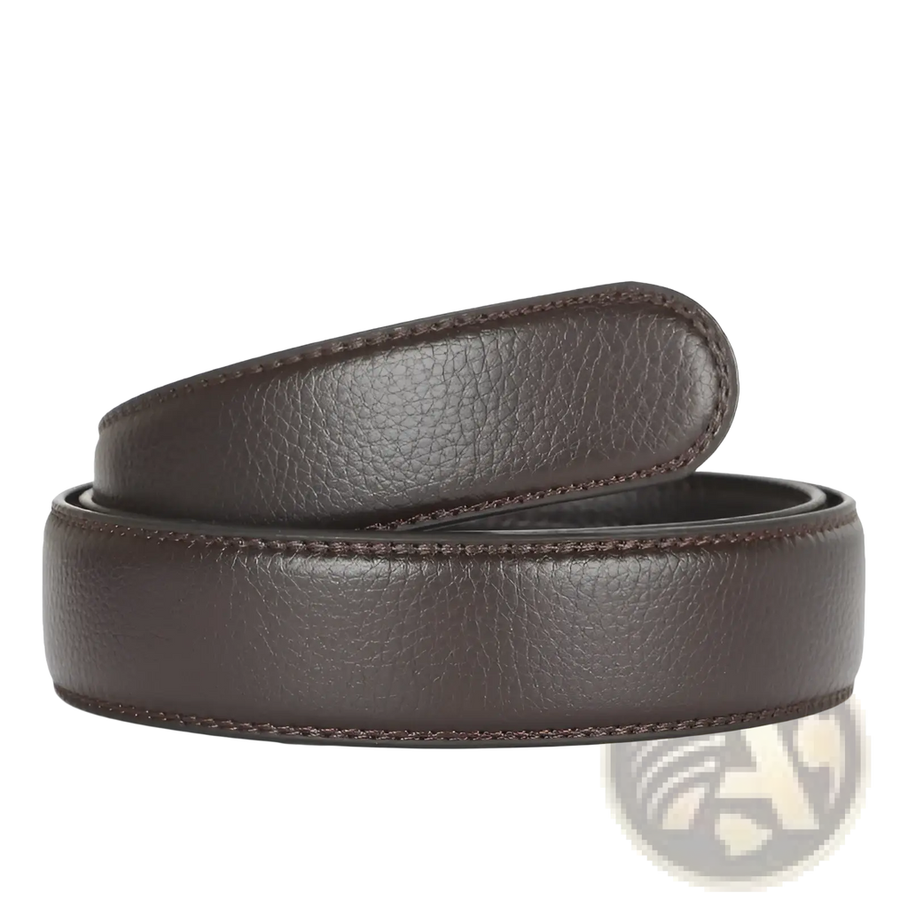 Men’s dark brown leather belt with textured surface and matching stitching featuring an automatic buckle 3.5cm
