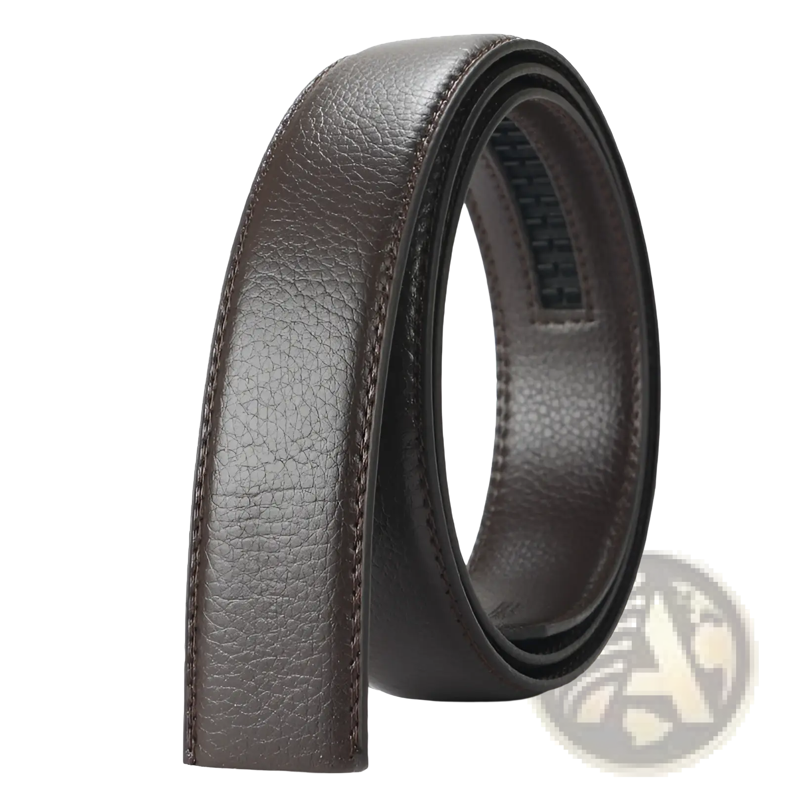 Ceinture en cuir pour homme brun foncé avec boucle automatique de 3,5 cm : surface texturée et coutures précises le long des bords.