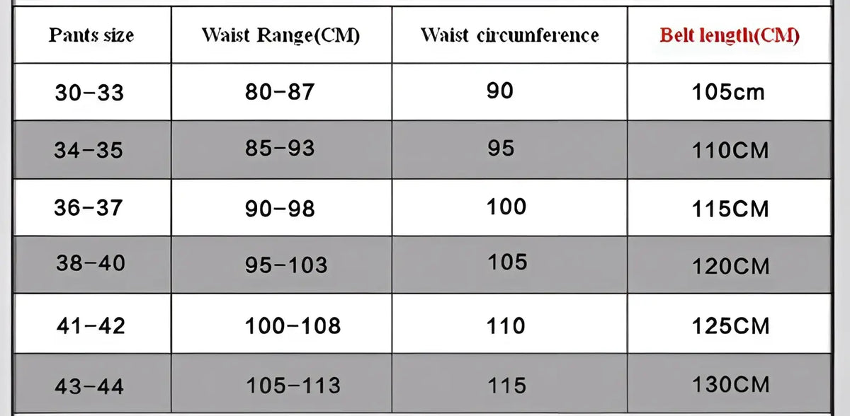Men’s leather belt automatic buckle 3.5cm detailed size chart listing waist ranges and belt lengths in centimeters