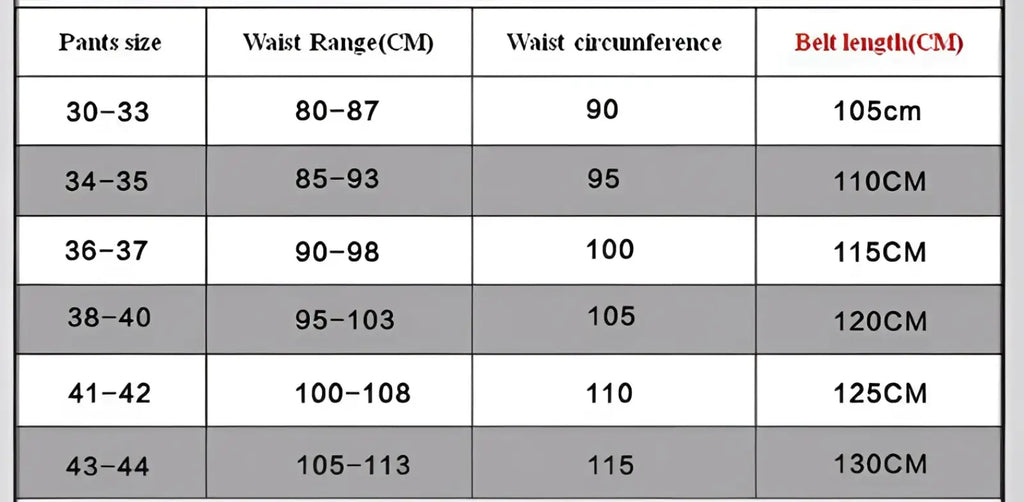 Men’s leather belt automatic buckle 3.5cm detailed size chart listing waist ranges and belt lengths in centimeters