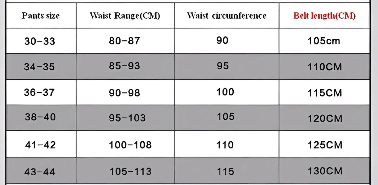 Men’s leather belt automatic buckle 3.5cm detailed size chart listing waist ranges and belt lengths in centimeters