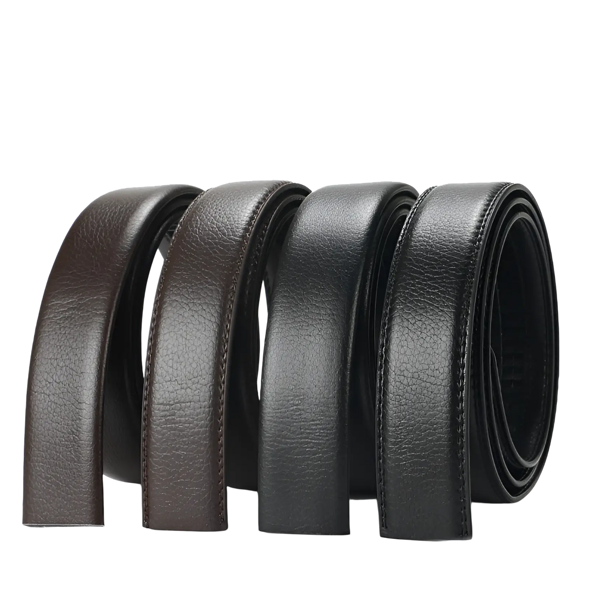 Men’s leather belt automatic buckle 3.5cm with four coiled belts in varying brown and black shades with stitched texture