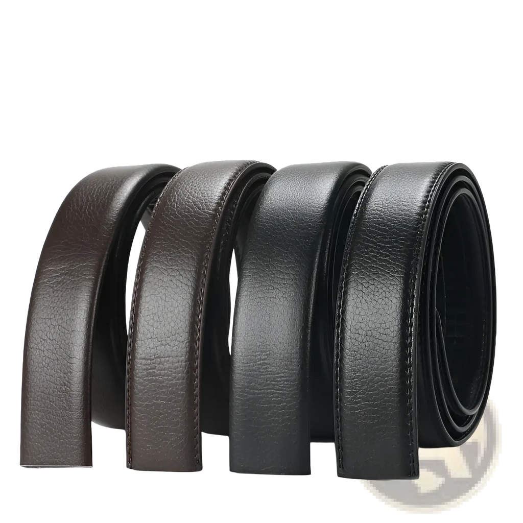 Men’s leather belt automatic buckle 3.5cm with four coiled belts in varying brown and black shades with stitched texture