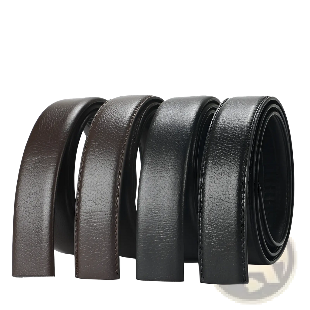 Four men’s leather belt automatic buckles in black and brown with textured surface and stitched edges, 3.5cm wide