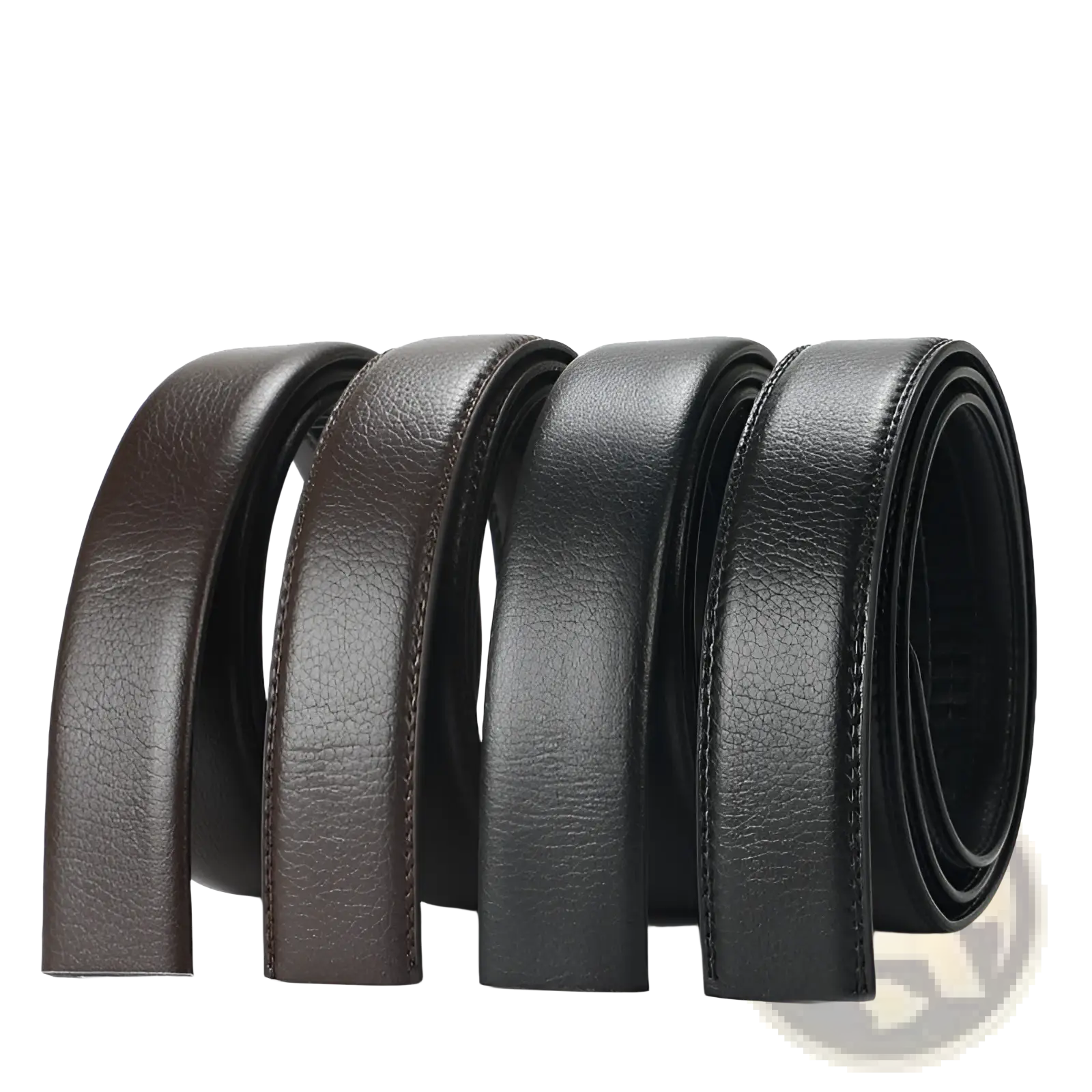 Four men’s leather belt automatic buckles in black and brown with textured surface and stitched edges, 3.5cm wide