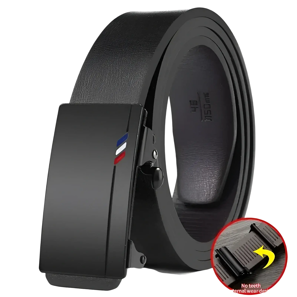 Mens leather belt automatic buckle black with a sleek matte metal buckle and subtle red white and blue stripe accent
