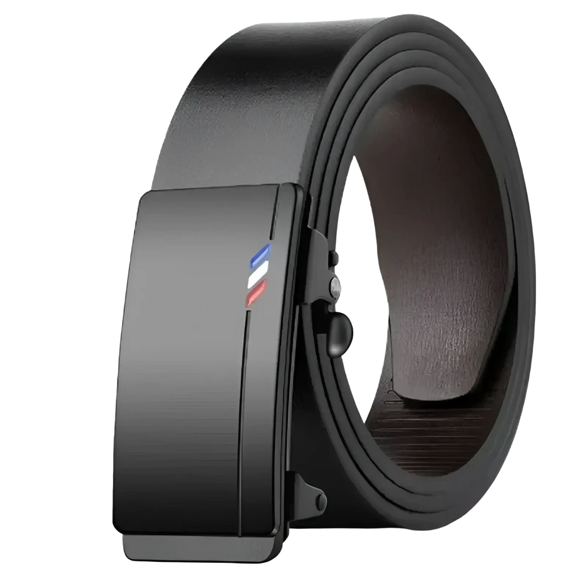 Mens leather belt automatic buckle black with black leather and sleek modern buckle with subtle tricolor stripe detail
