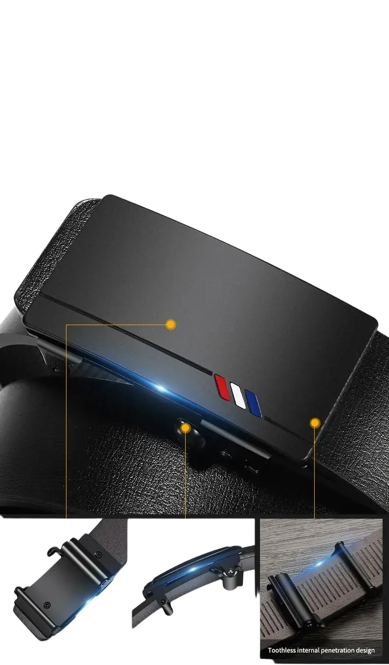 Mens leather belt automatic buckle black with sleek heavy textured metal finish and subtle red white and blue stripes