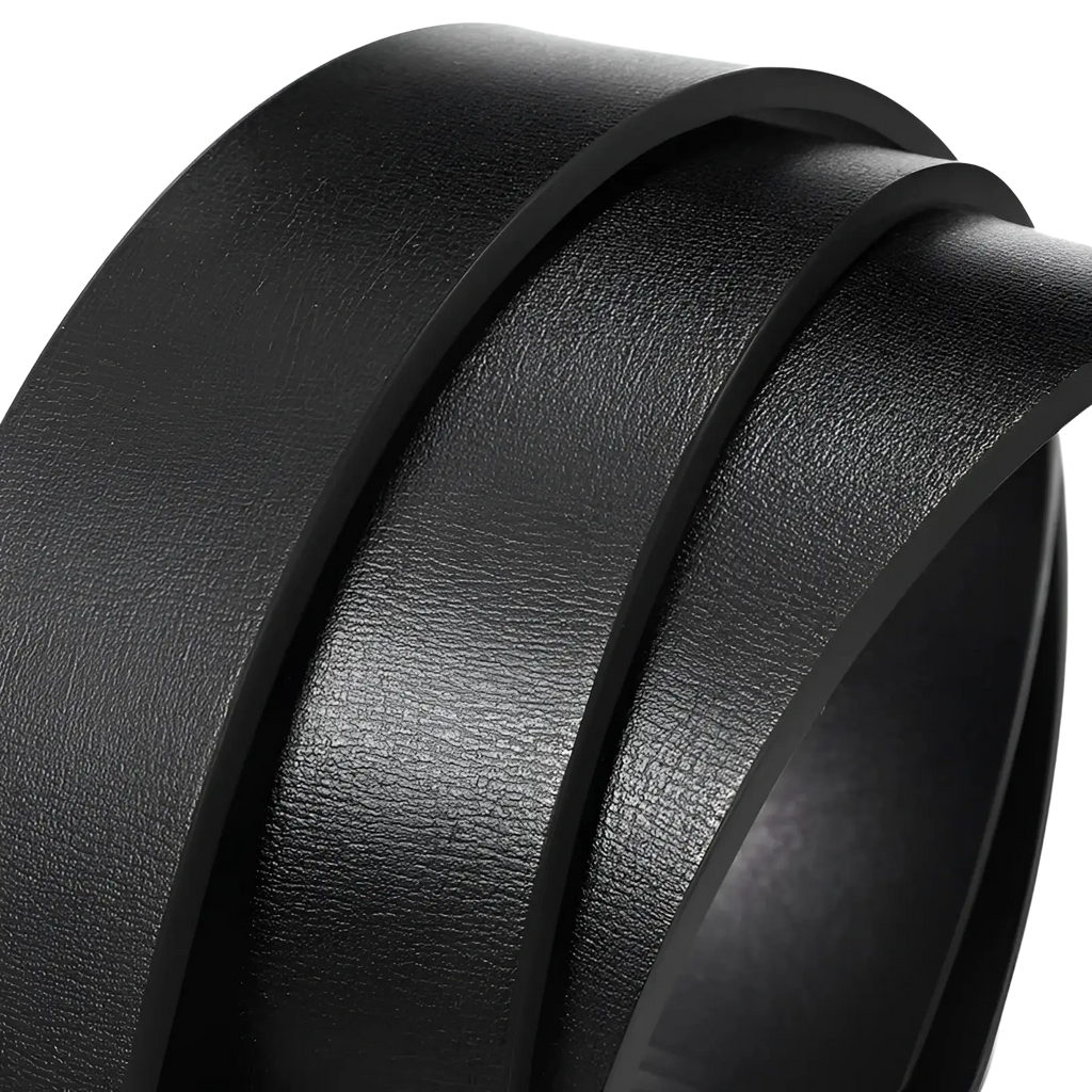 Mens leather belt automatic buckle black with smooth textured surface and clean precise stitching along edges
