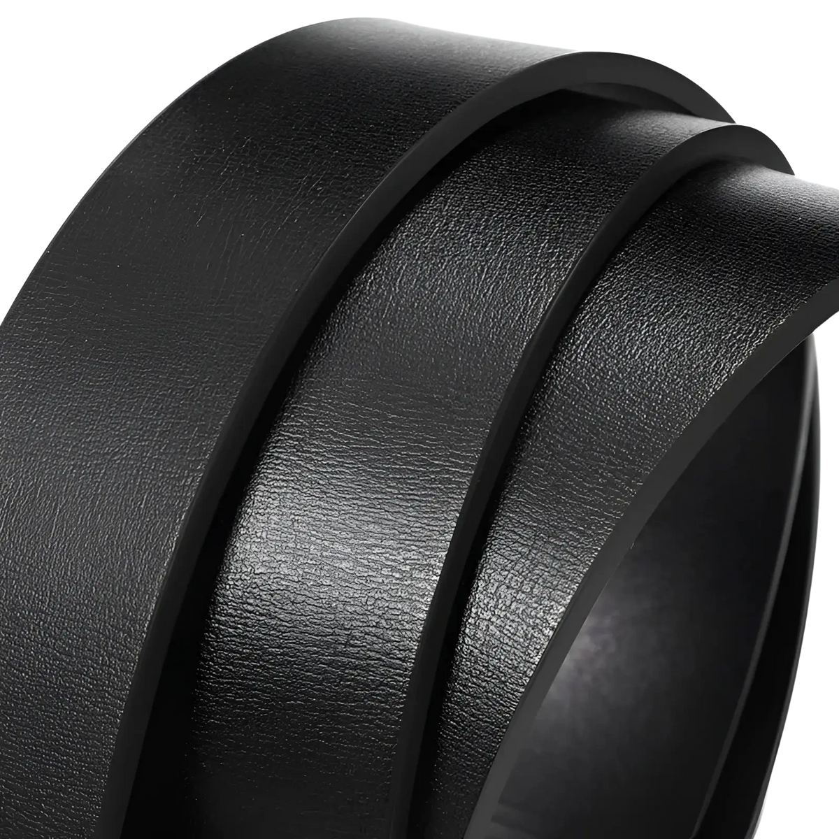 Mens leather belt automatic buckle black with smooth textured surface and clean precise stitching along edges