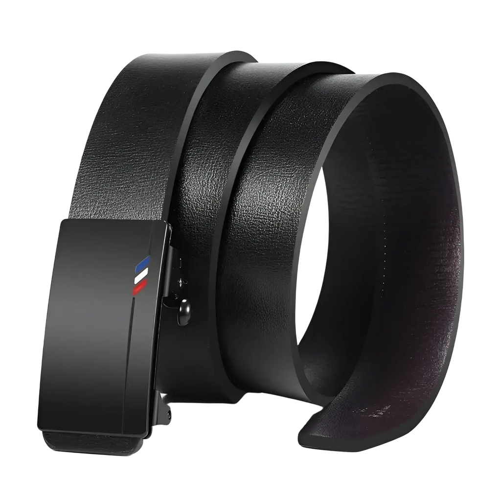 Mens leather belt automatic buckle black with sleek matte finish and subtle red white and blue stripe detail