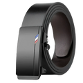 Mens leather belt automatic buckle in black with a sleek matte-finish metal buckle and red white and blue stripe design
