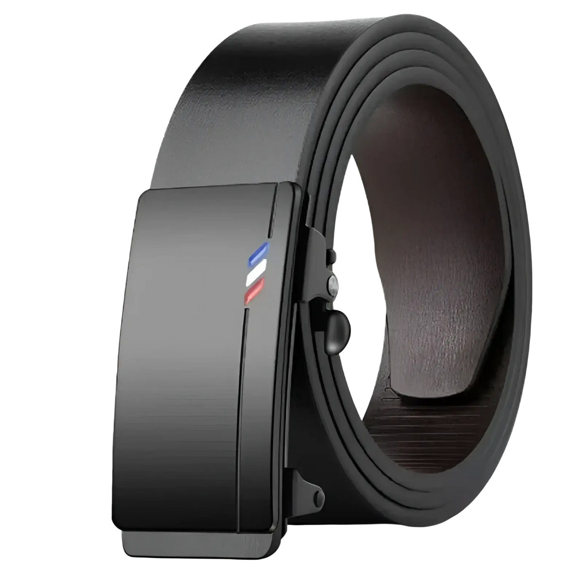 Mens leather belt automatic buckle in black with a sleek matte-finish metal buckle and red white and blue stripe design