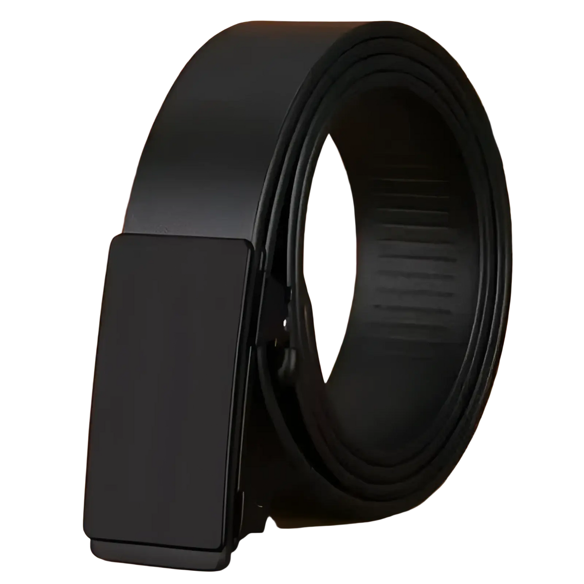 Mens leather belt in black featuring a sleek rectangular automatic buckle made of genuine leather