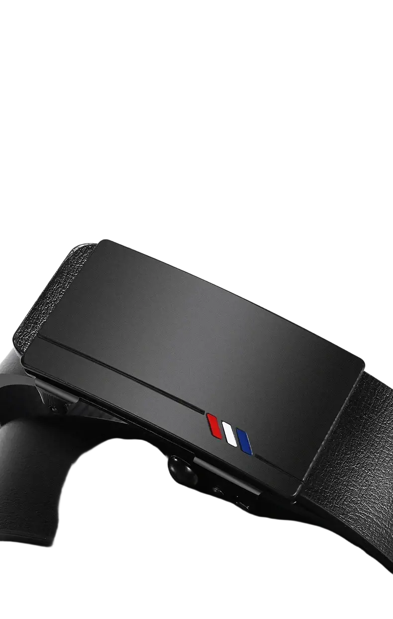 Mens leather belt automatic buckle black with black leather strap and matte-finish zinc alloy buckle with tricolor accent