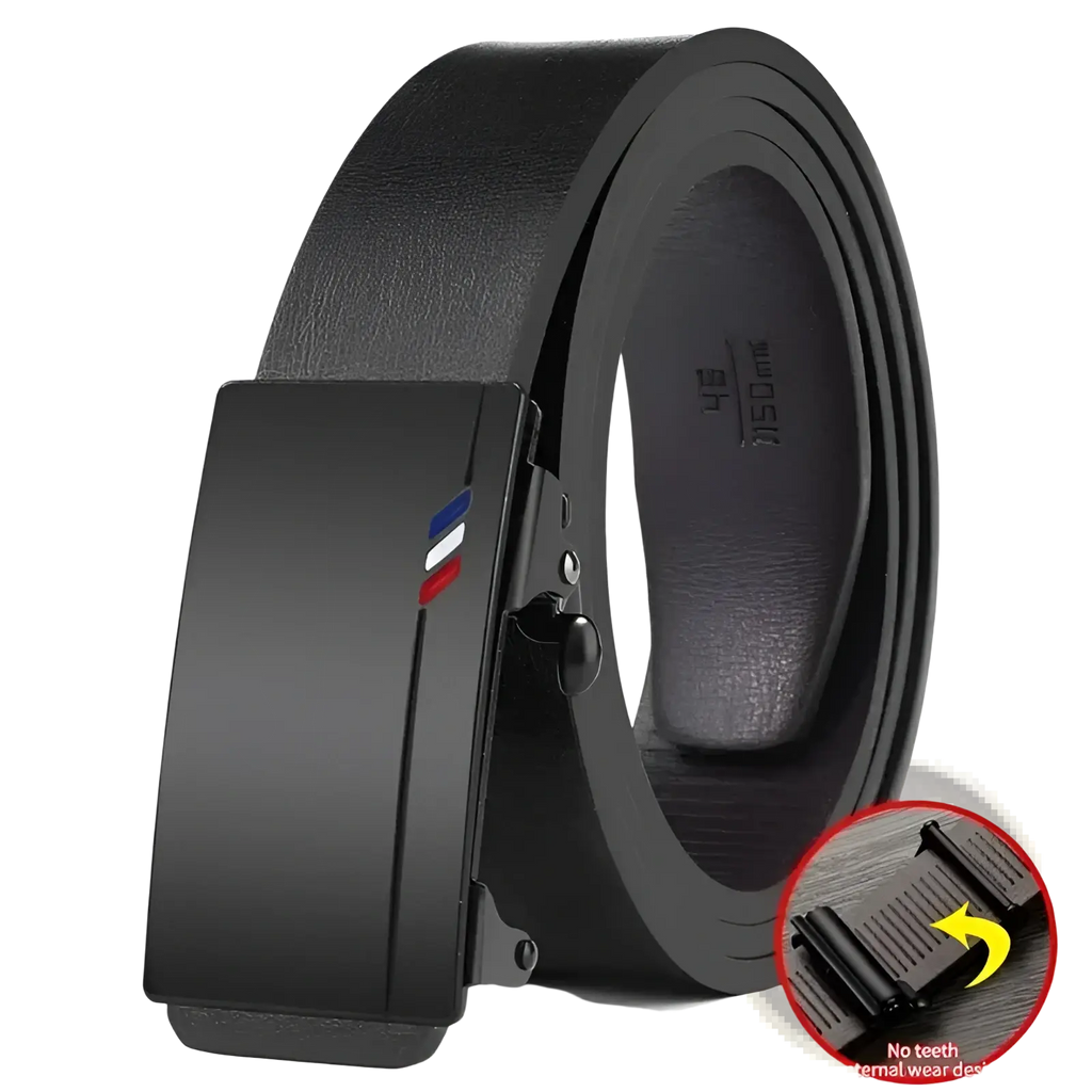 Mens leather belt automatic buckle black with a sleek matte metal buckle and subtle red white and blue stripe accent