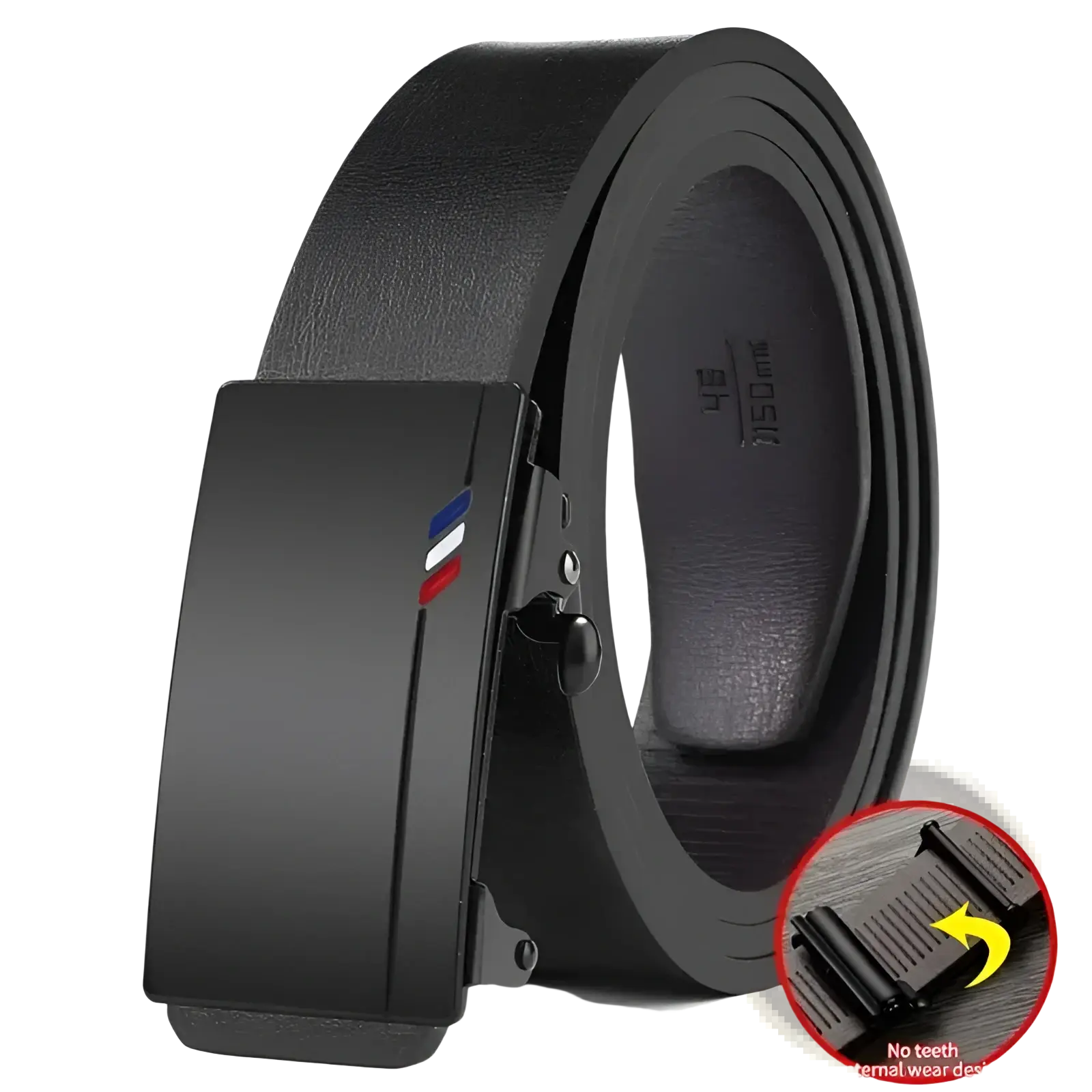 Mens leather belt automatic buckle black with a sleek matte metal buckle and subtle red white and blue stripe accent