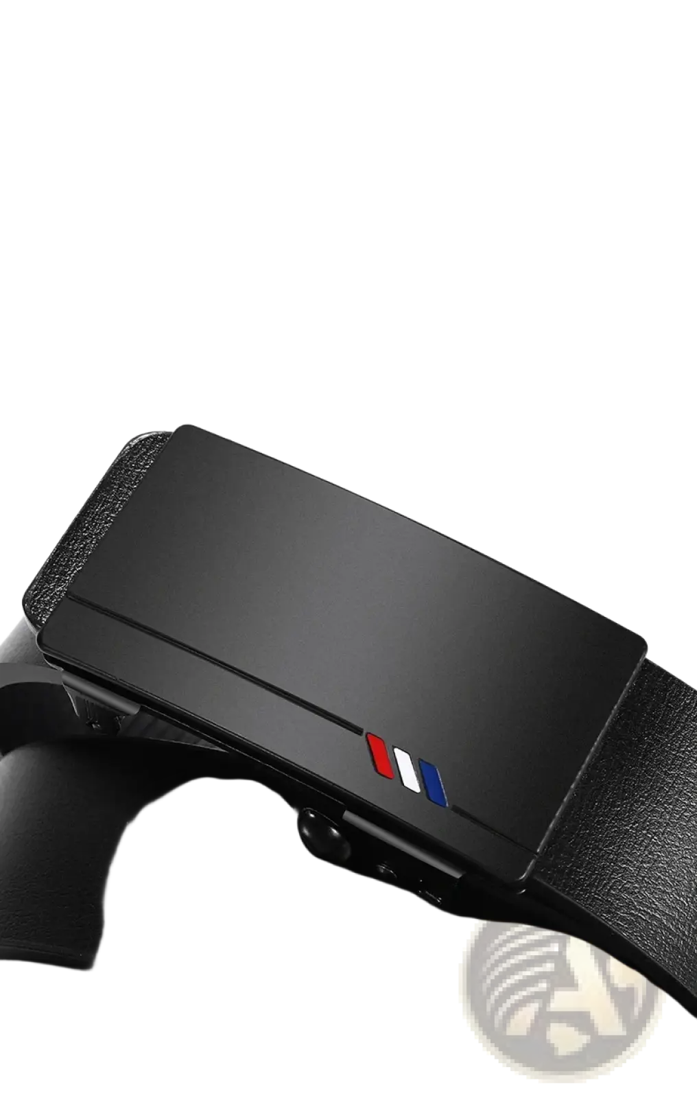Mens leather belt automatic buckle black with black leather strap and matte-finish zinc alloy buckle with tricolor accent