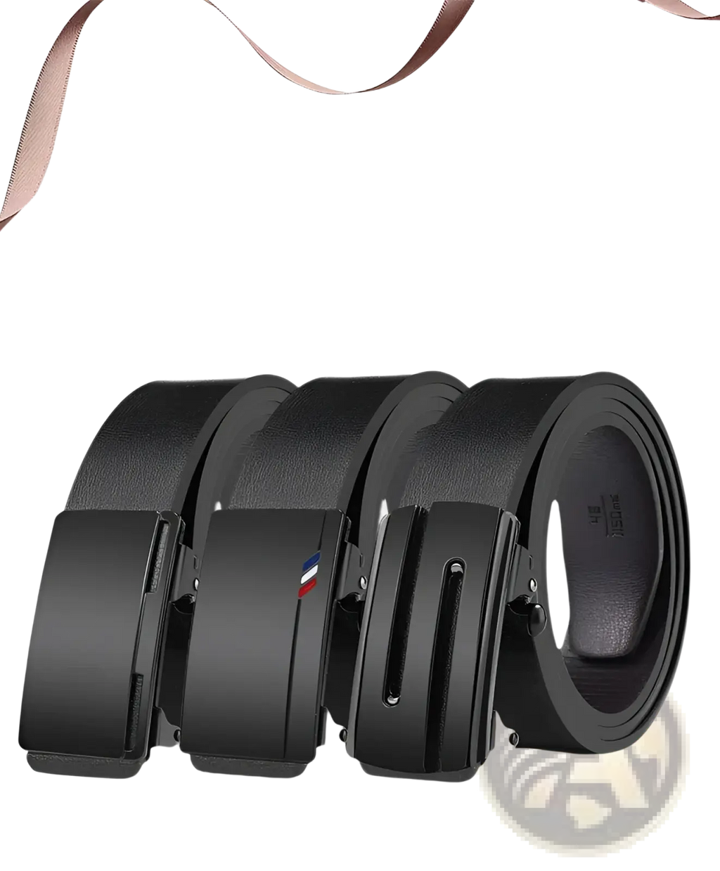 Mens leather belt with automatic black buckle featuring a sleek matte-finish metal buckle and subtle brand logo