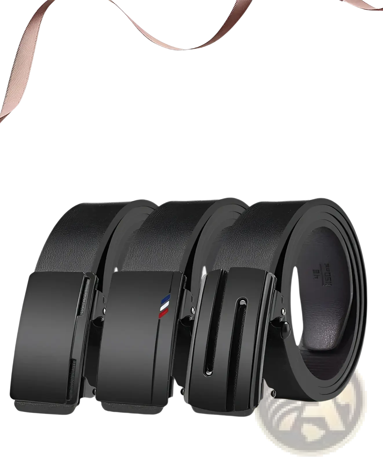 Mens leather belt with automatic black buckle featuring a sleek matte-finish metal buckle and subtle brand logo