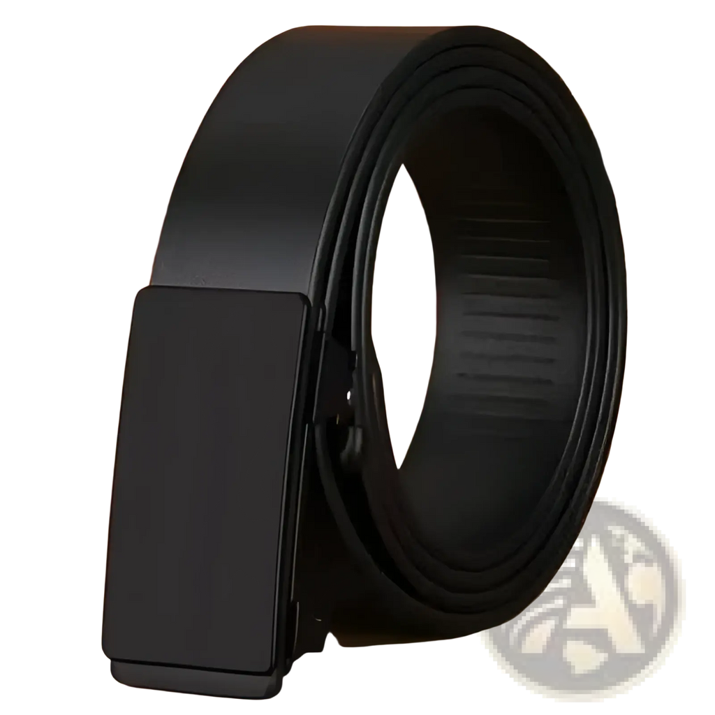Mens leather belt in black featuring a sleek rectangular automatic buckle made of genuine leather