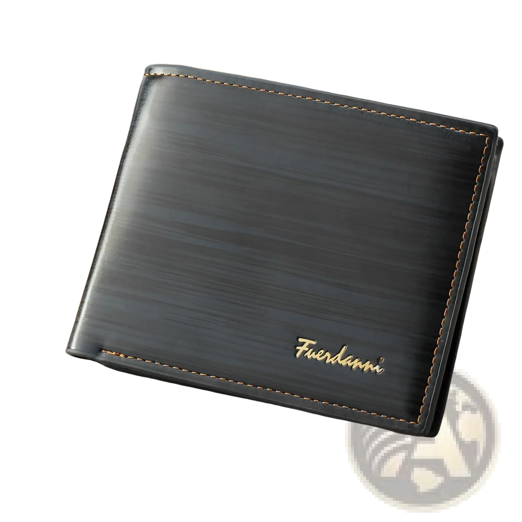 Men’s leather bifold wallet in black textured leather with gold stitching and embossed Fuerdanni logo
