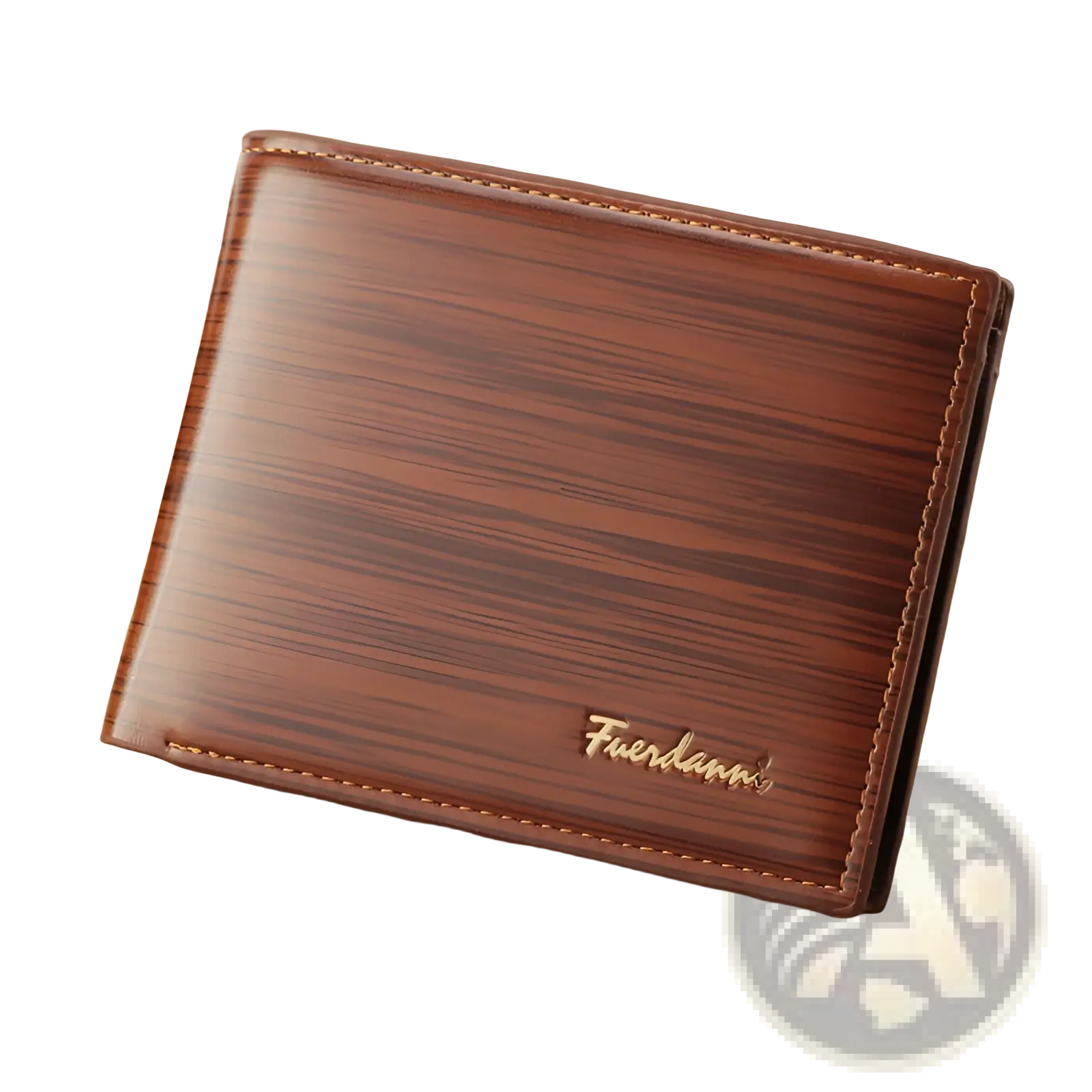 Brown leather bifold wallet with card slots and id window featuring wood grain texture gold stitching and fuerdann embossing