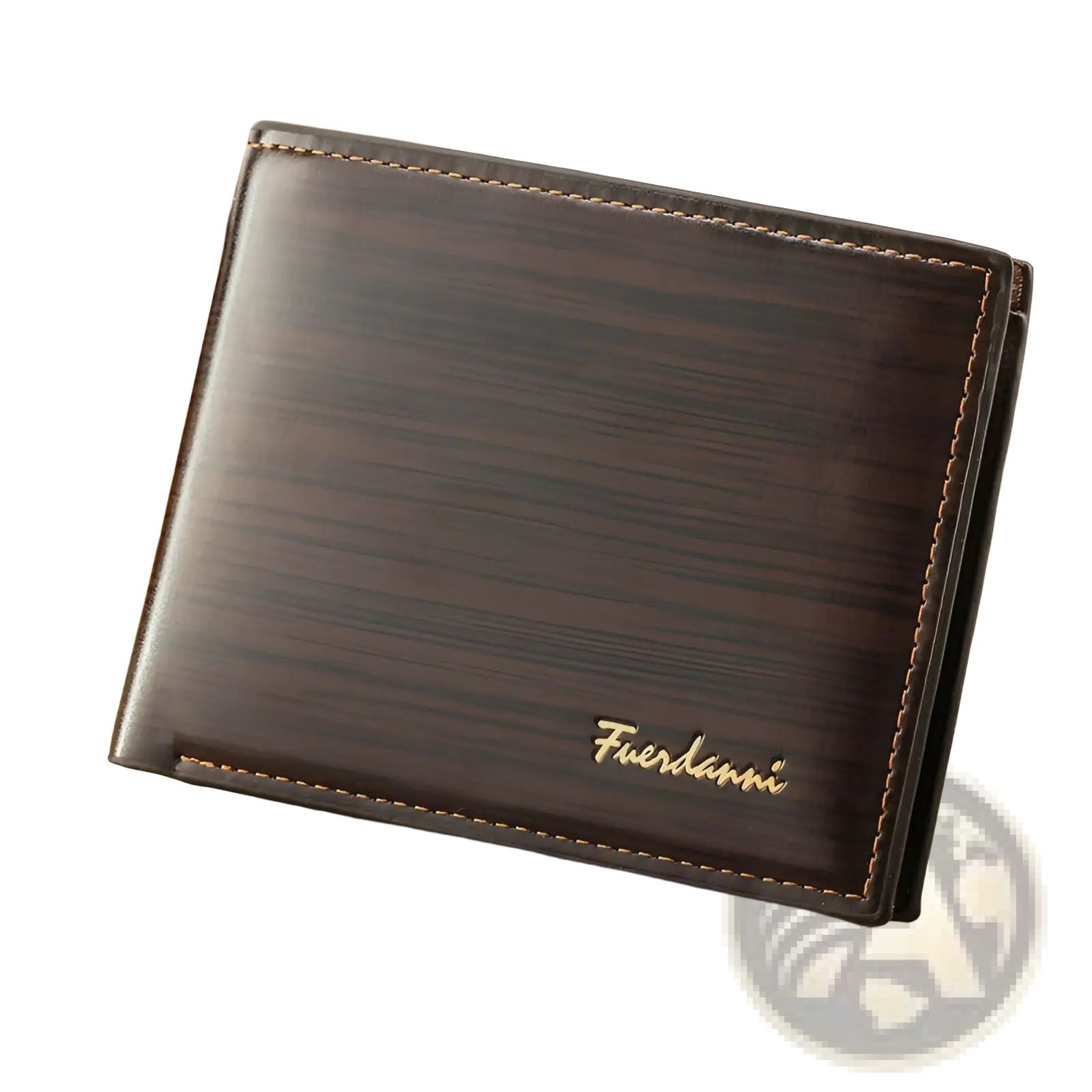 Men’s dark brown leather bifold wallet with wood grain texture gold stitching and embossed fuerdanni logo