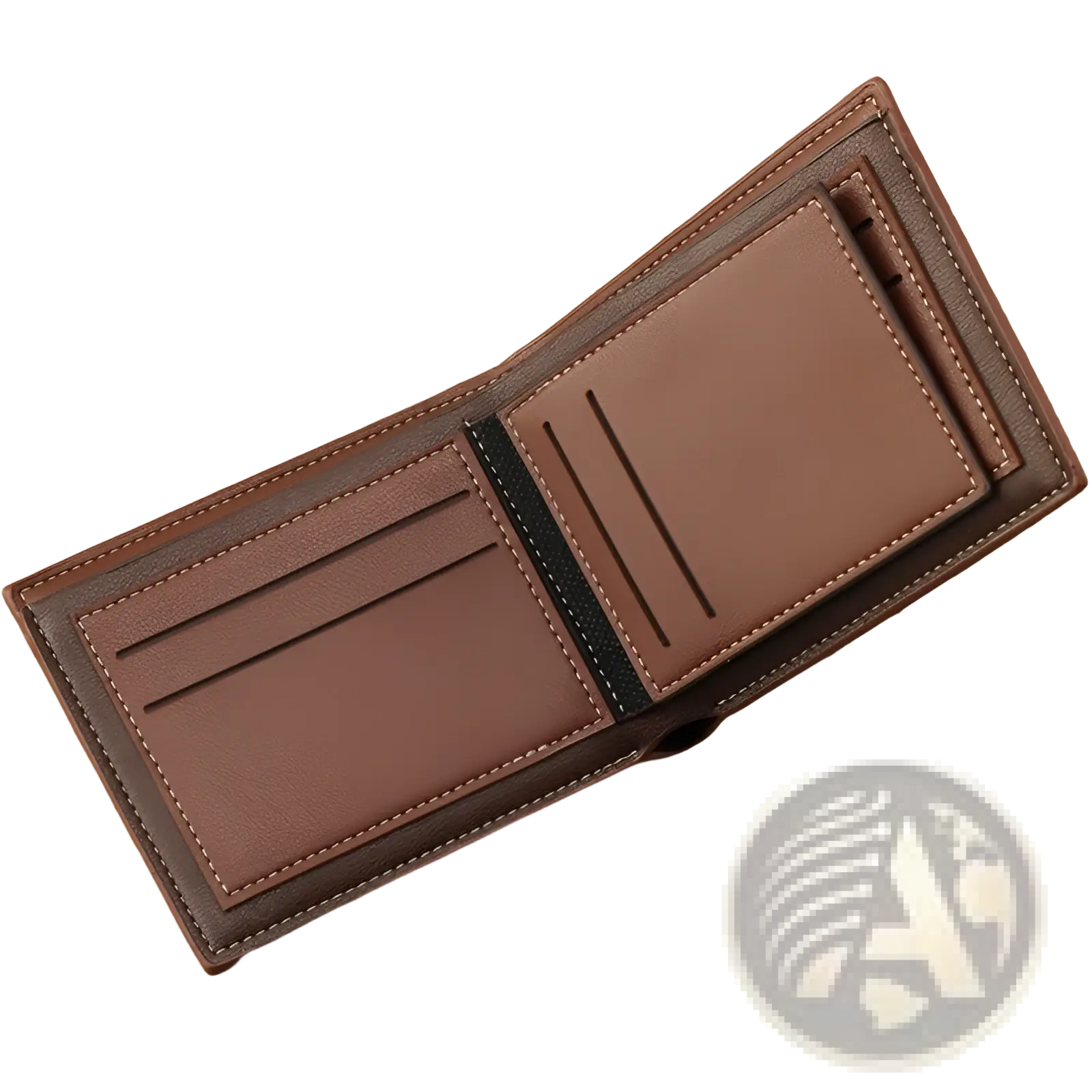 Men’s brown leather bifold wallet with stitched edges and card slots separated by black fabric strip