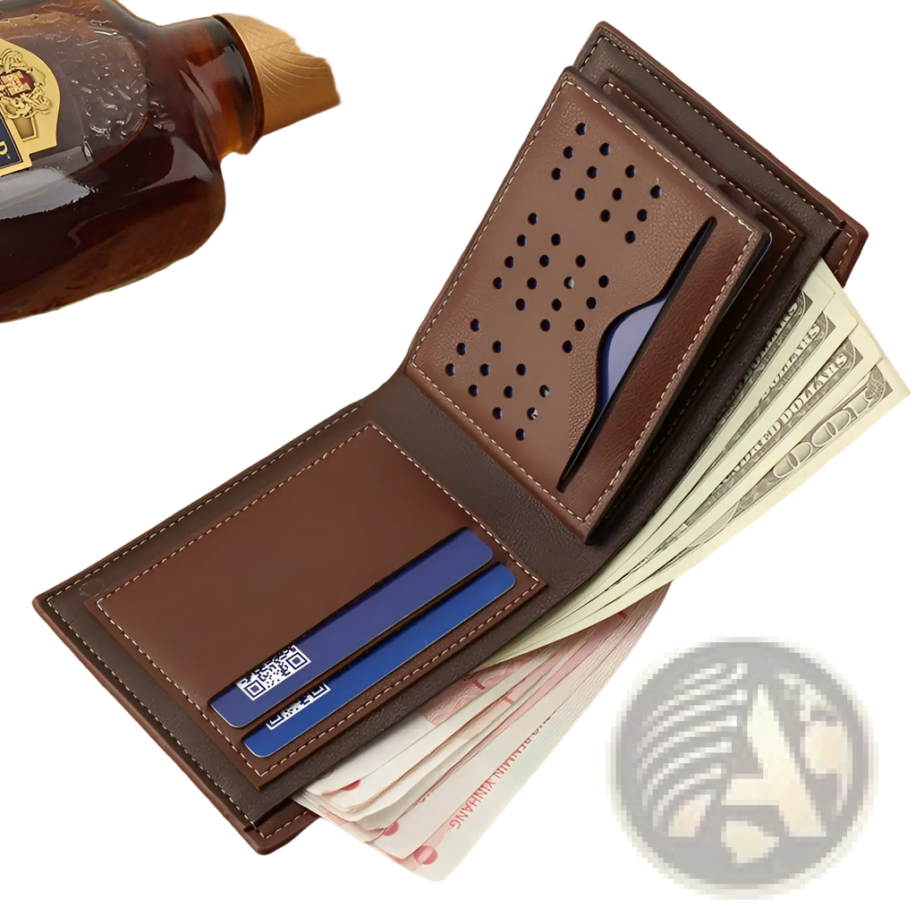 Men’s brown leather bifold wallet with stitched edges perforated design card slots and cash compartment interior view