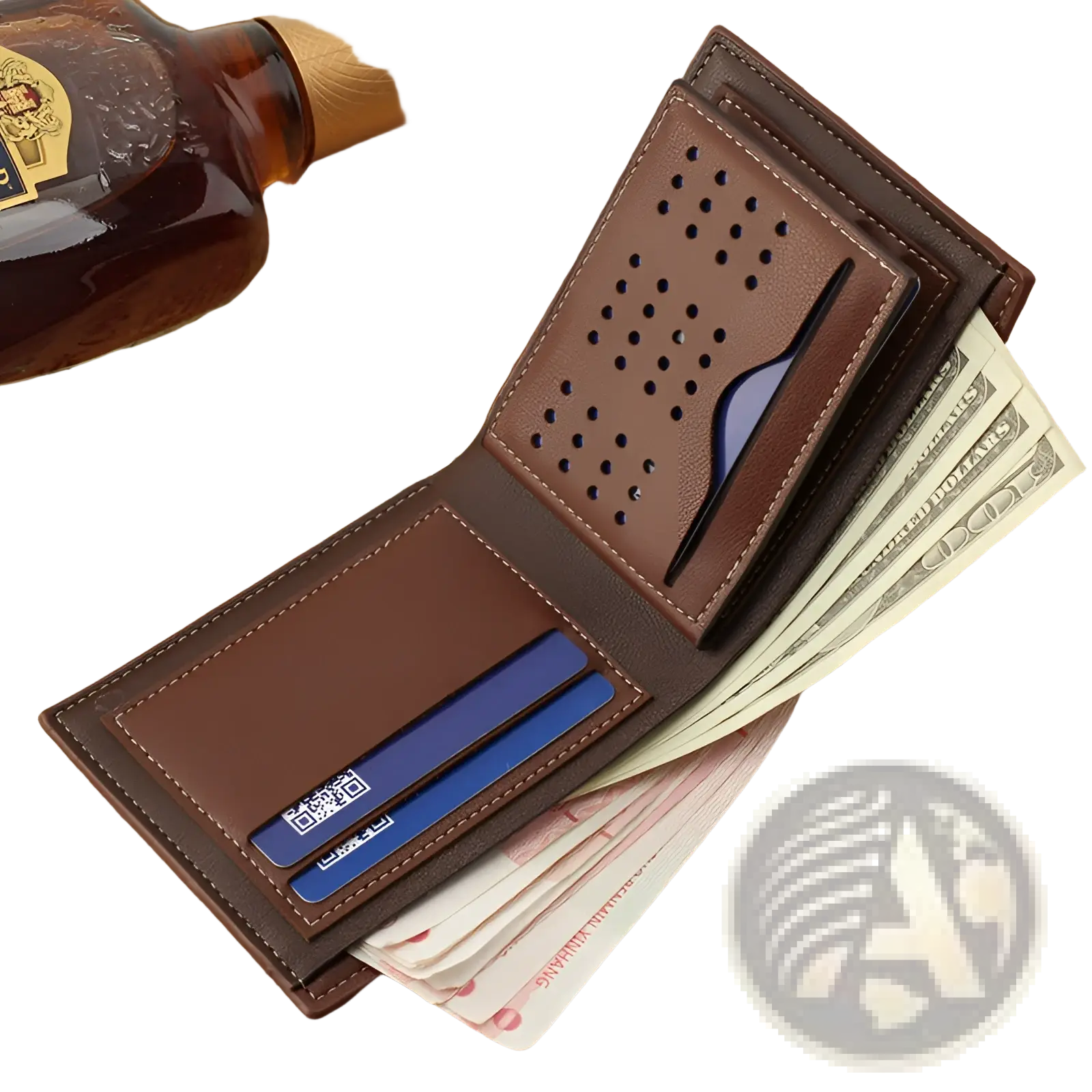 Men’s brown leather bifold wallet with stitched edges perforated design card slots and cash compartment interior view