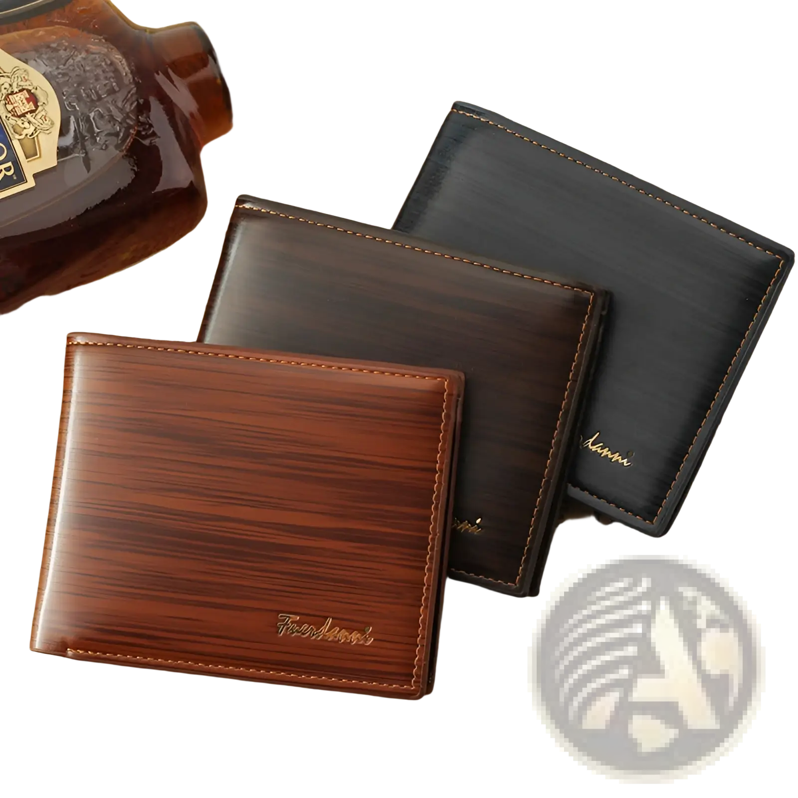 Men’s brown leather bifold wallet with wood grain texture stitched edges card slots and ID window visible