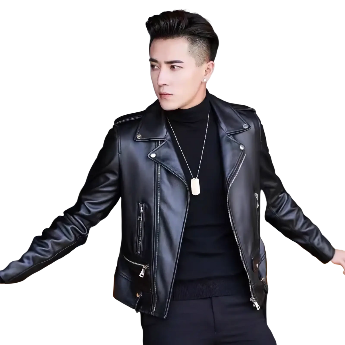 Men’s black leather biker jacket with silver zippers and snap buttons casual zip outerwear