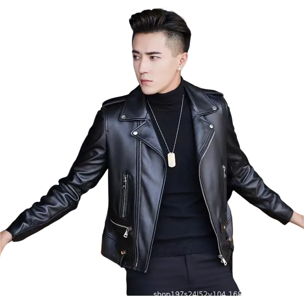 Men’s black leather biker jacket with silver zippers and snap buttons casual zip outerwear for everyday use
