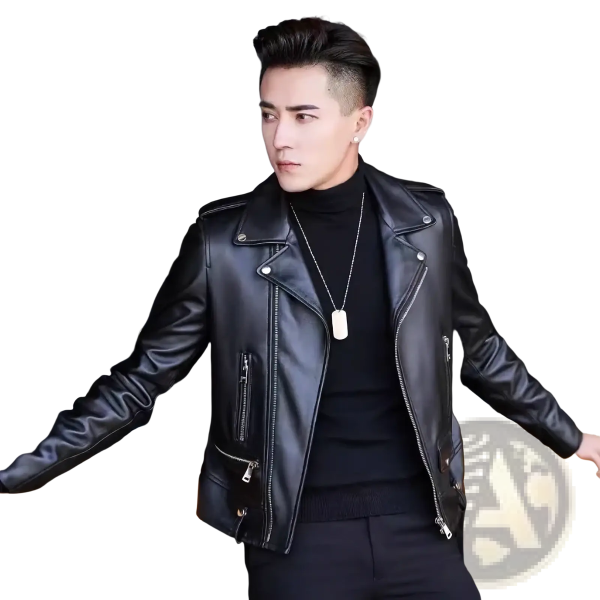 Men’s black leather biker jacket with silver zippers and snap buttons casual zip outerwear