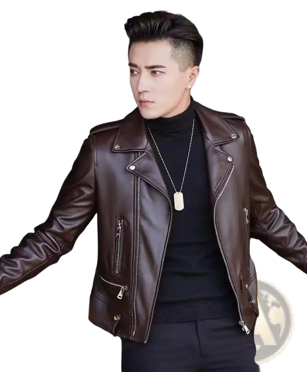 A men’s rich brown leather biker jacket with silver zippers and snap buttons for casual zip outerwear