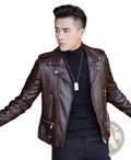 A men’s rich brown leather biker jacket with silver zippers and snap buttons for casual zip outerwear