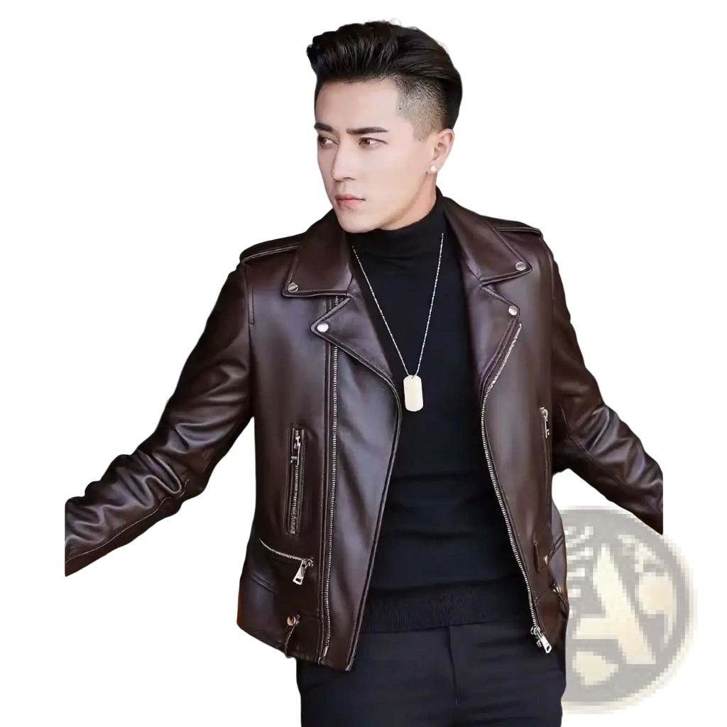 Men’s brown leather biker jacket with silver zippers and snap buttons casual zip outerwear