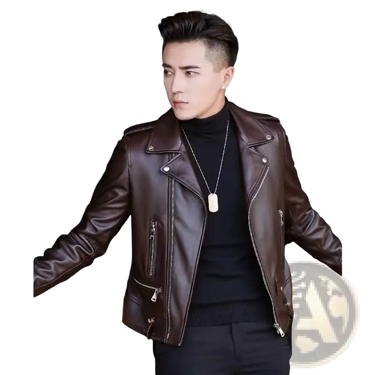 Men’s brown leather biker jacket with silver zippers and snap buttons casual zip outerwear