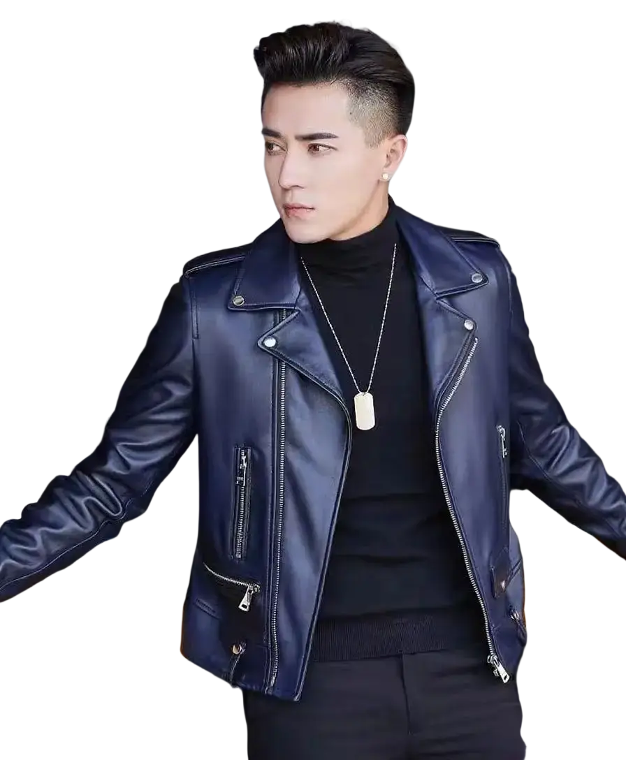 Men’s navy blue leather biker jacket with silver zippers and snap buttons casual zip outerwear