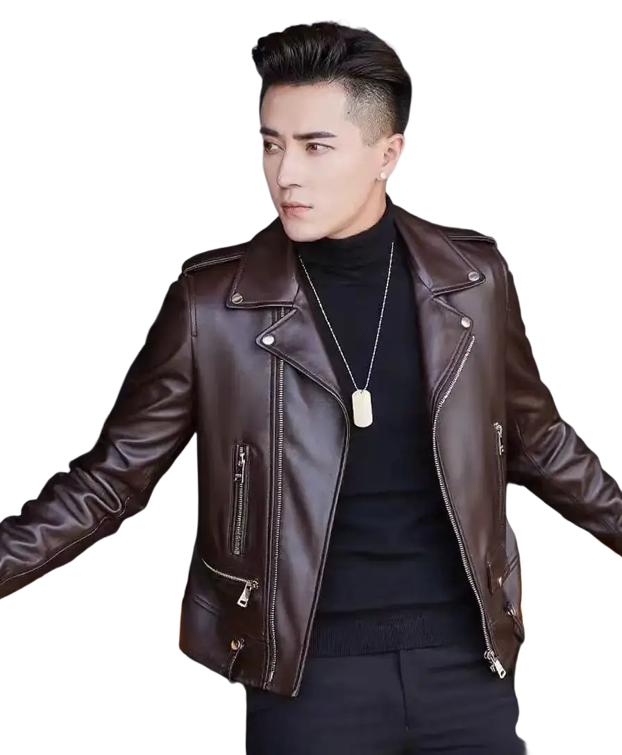 A men’s rich brown leather biker jacket with silver zippers and snap buttons for casual zip outerwear