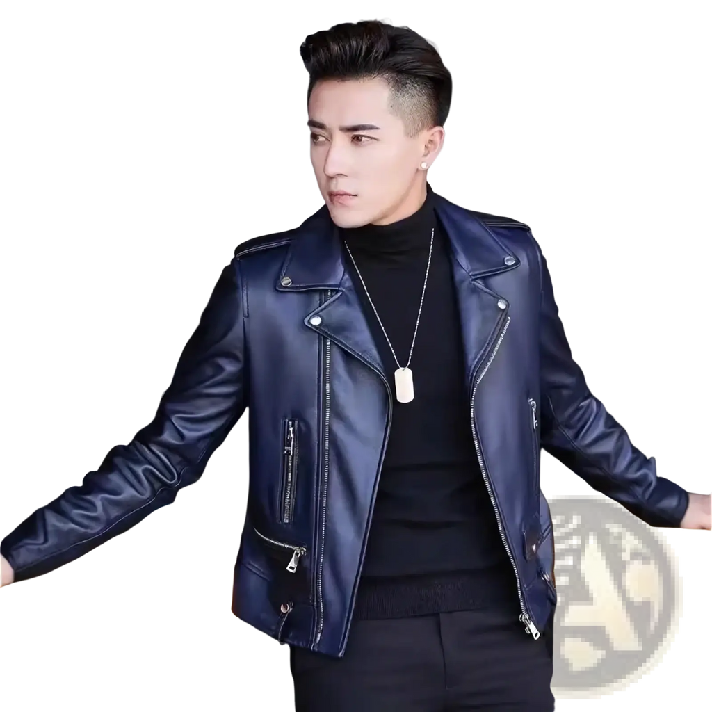 Mens leather biker jacket in sleek navy blue with silver zippers and snap buttons for casual outerwear