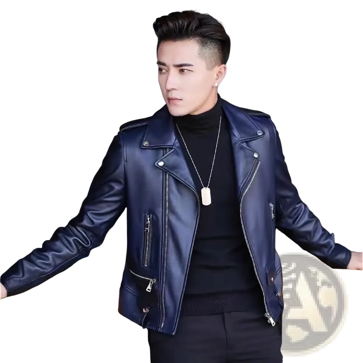 Mens leather biker jacket in sleek navy blue with silver zippers and snap buttons for casual outerwear
