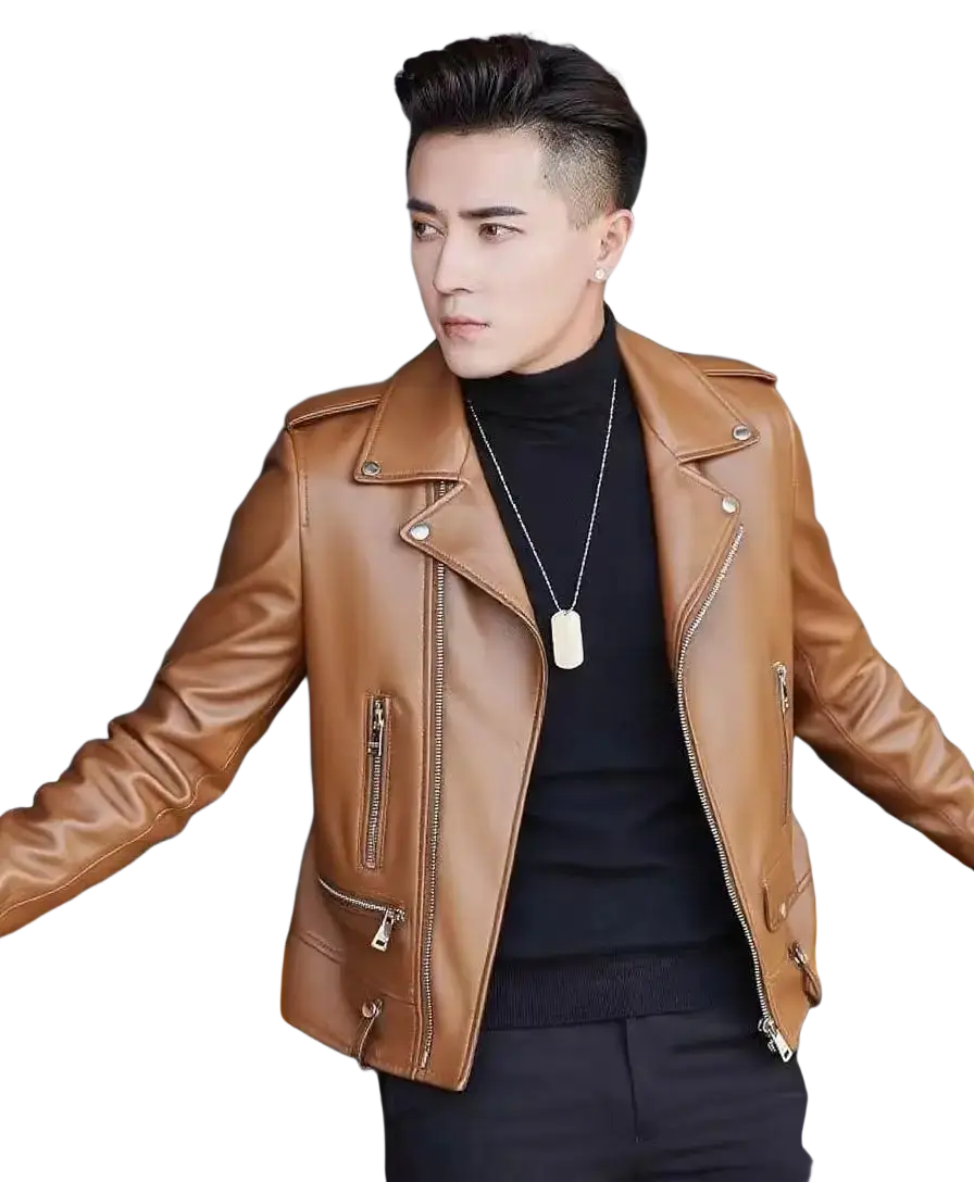 Men’s tan leather biker jacket featuring silver zippers and snap buttons for casual zip outerwear