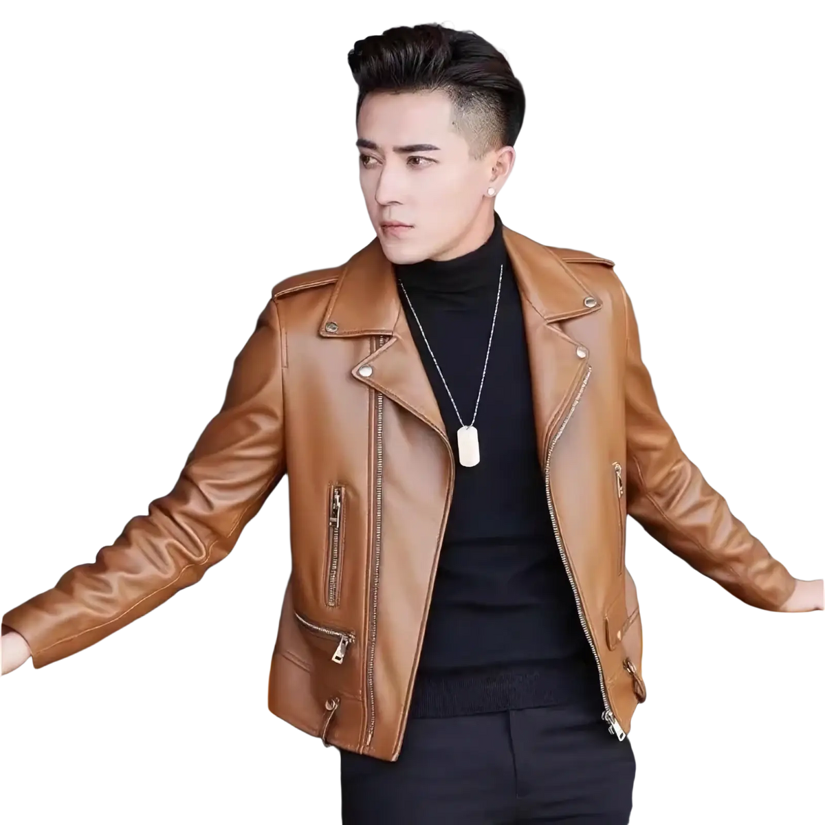 Men’s tan leather biker jacket with silver zippers and snap buttons for casual zip outerwear