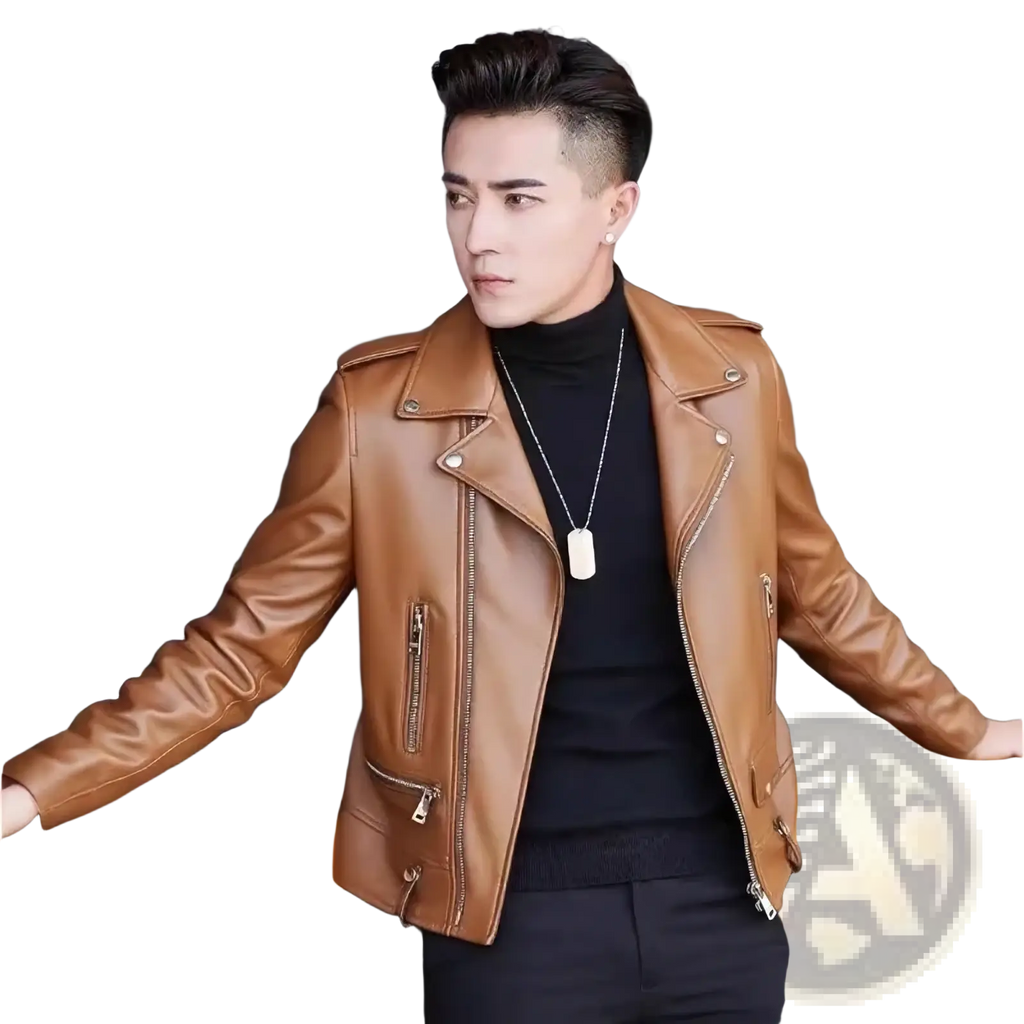 Men’s tan leather biker jacket with silver zippers and snap buttons for casual zip outerwear