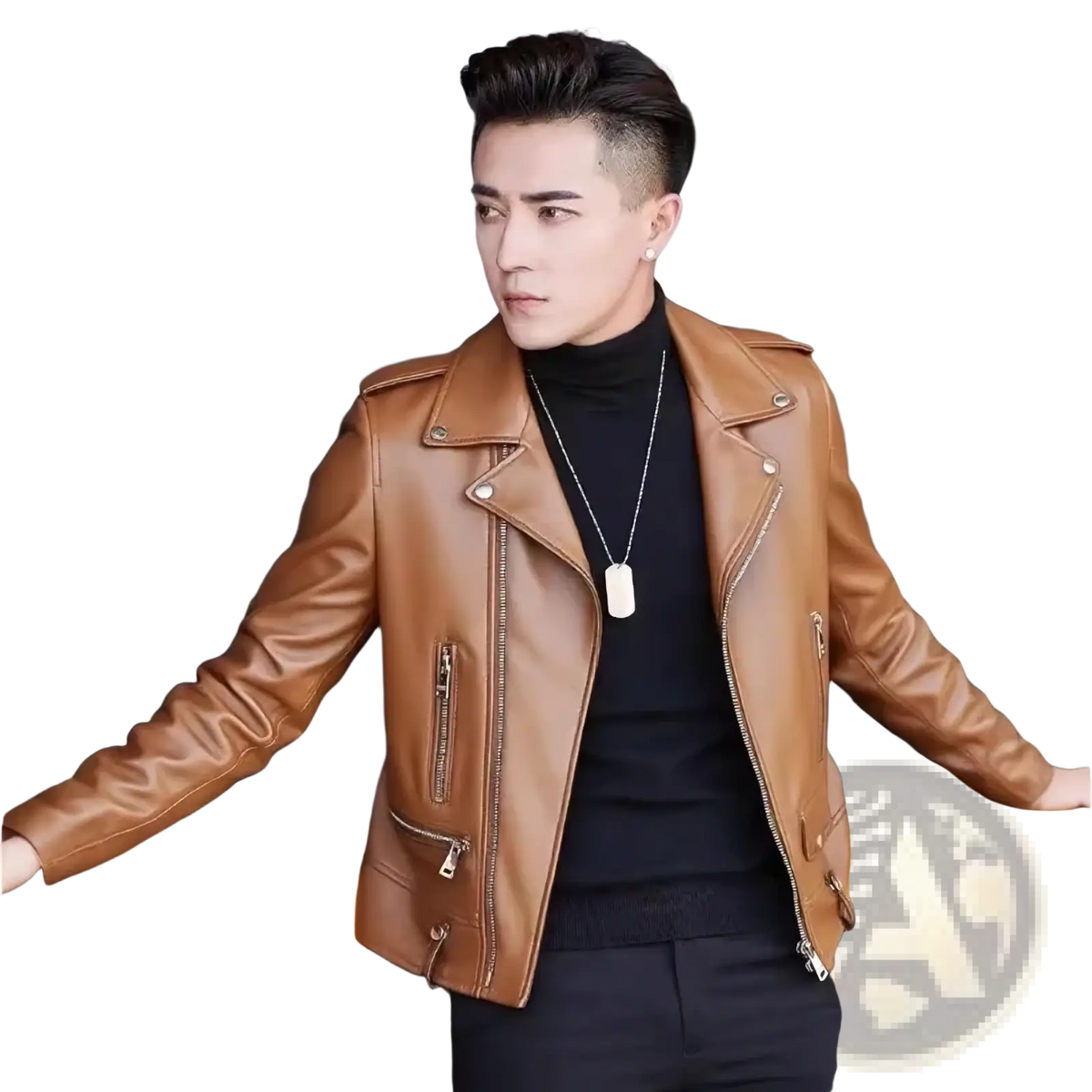 Men’s tan leather biker jacket with silver zippers and snap buttons for casual zip outerwear