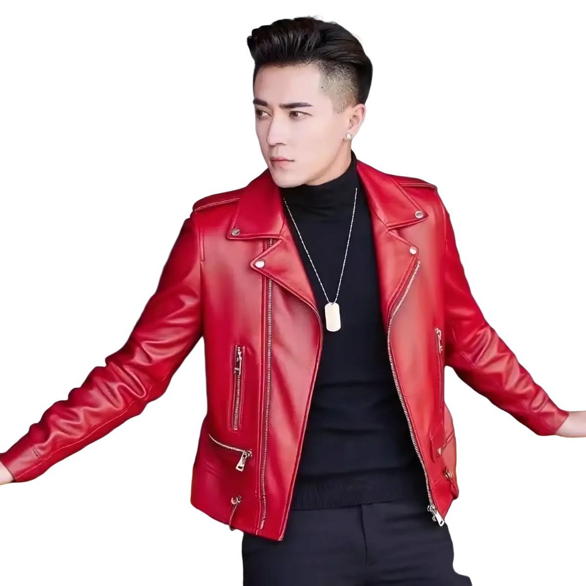 Men’s leather biker jacket in vibrant red with silver zippers and snap buttons for casual zip outerwear