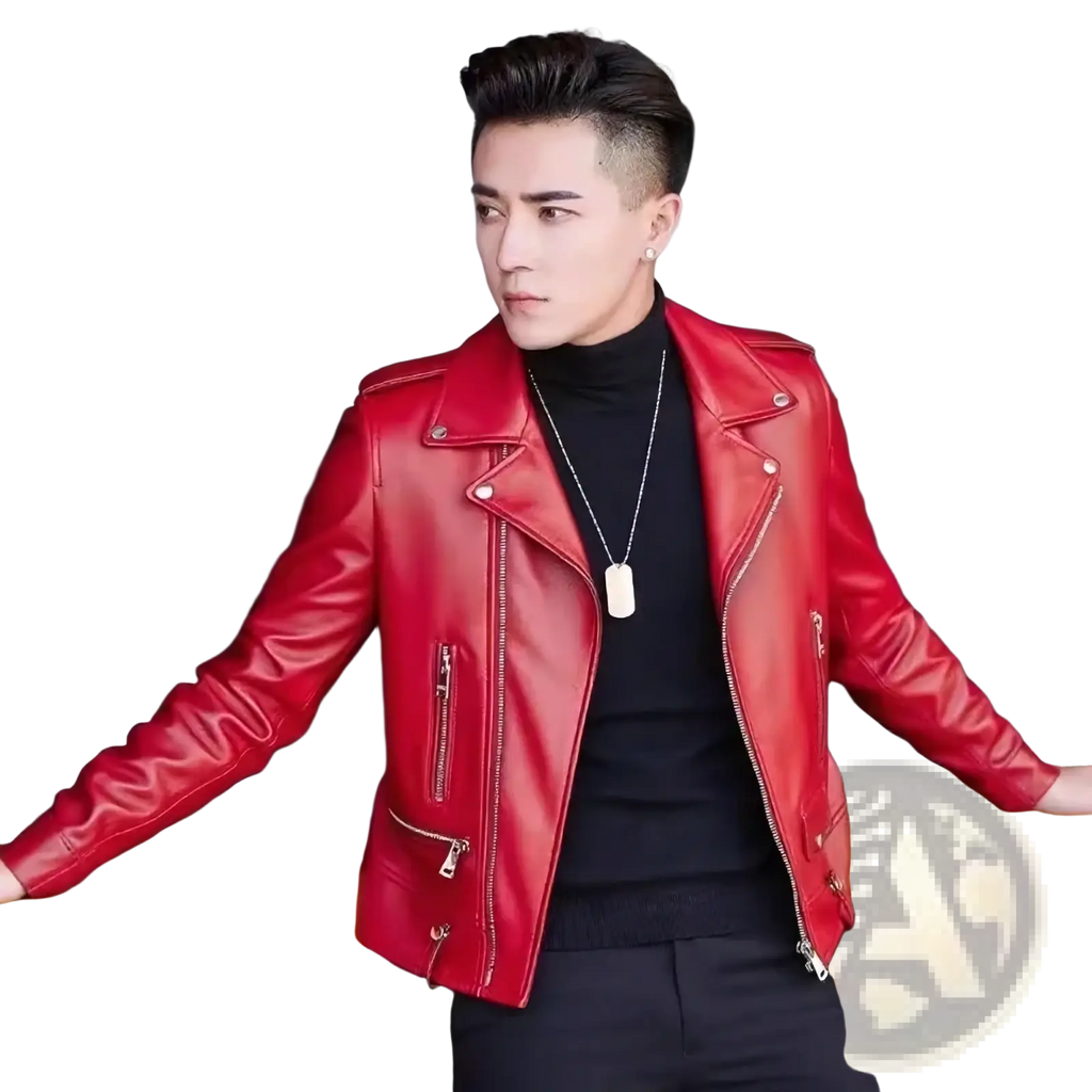 Men’s leather biker jacket in vibrant red with silver zippers and snap buttons for casual zip outerwear